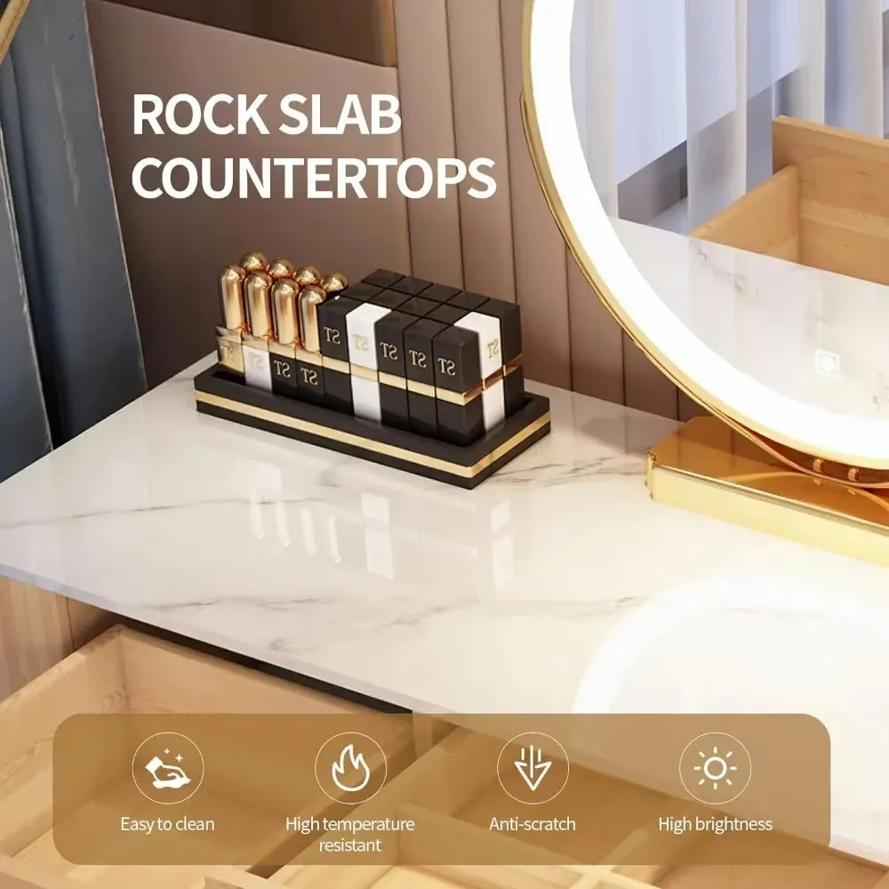 Modern Makeup Vanity with LED Mirror, 6 Drawers, Rock Slab Countertop, and Storage Chair