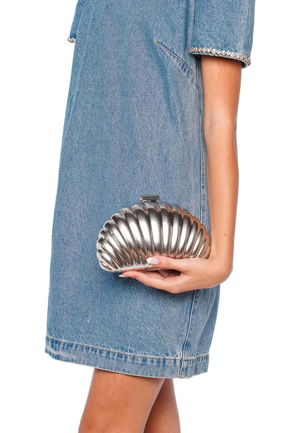 Monet Silver Metallic Shell Clutch