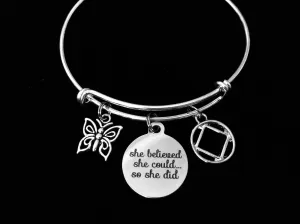 Narcotics Anonymous She Believed She Could So She Did with Butterfly Silver Expandable Charm Bracelet Bangle