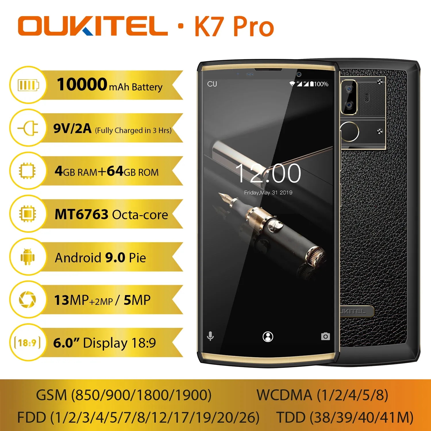 Oukitel K7 Pro 4G RAM 64G ROM Smartphone Android 9.0 MT6763 Octa Core 6.0"" 10000mAh Fingerprint 9V/2A Mobile Cell Phone black