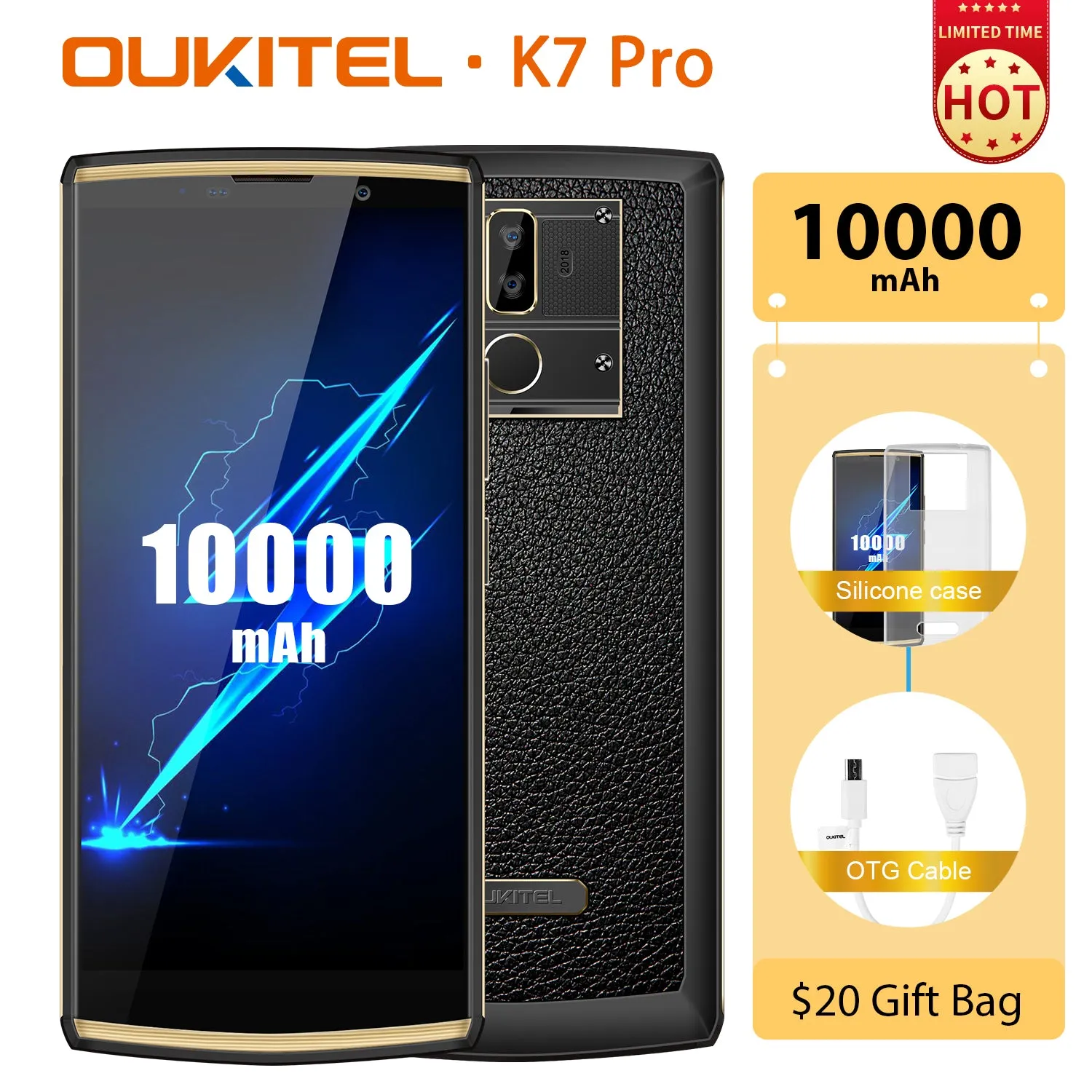 Oukitel K7 Pro 4G RAM 64G ROM Smartphone Android 9.0 MT6763 Octa Core 6.0"" 10000mAh Fingerprint 9V/2A Mobile Cell Phone black