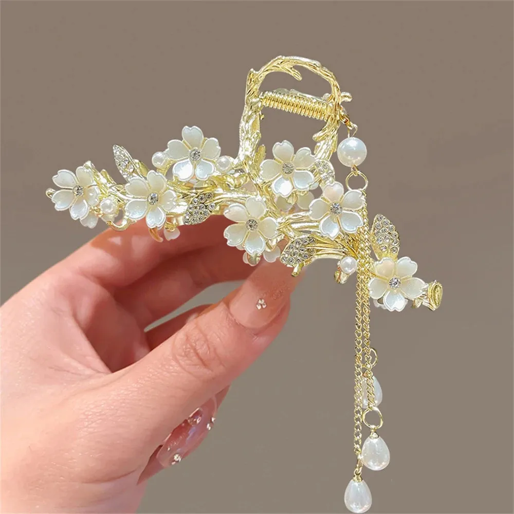 Pearl Orchid Tassel Hair Claw - Hanfu Headdress