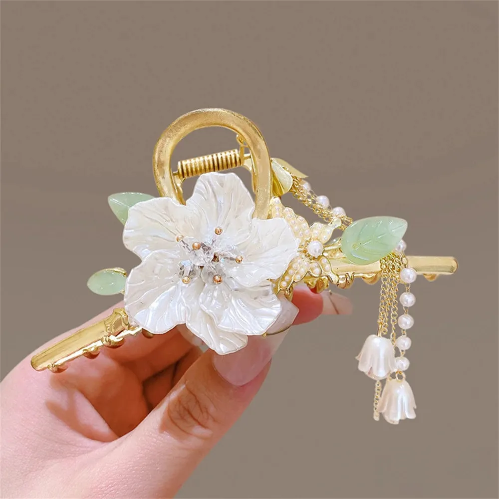 Pearl Orchid Tassel Hair Claw - Hanfu Headdress