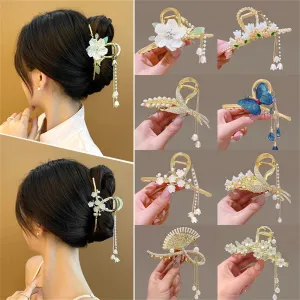 Pearl Orchid Tassel Hair Claw - Hanfu Headdress