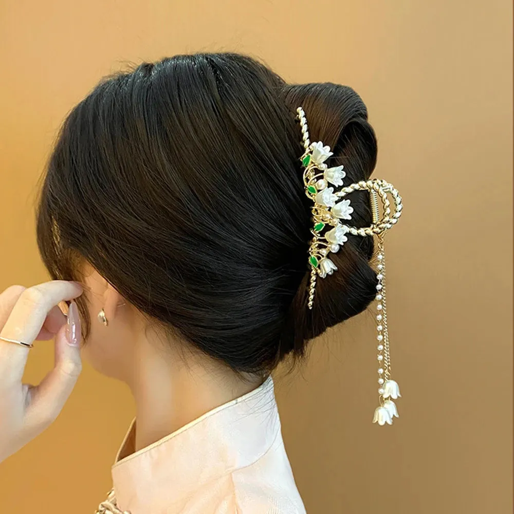 Pearl Orchid Tassel Hair Claw - Hanfu Headdress