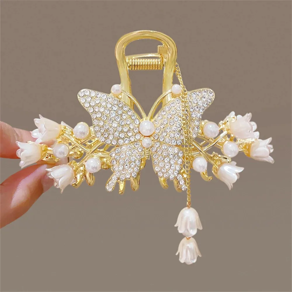 Pearl Orchid Tassel Hair Claw - Hanfu Headdress