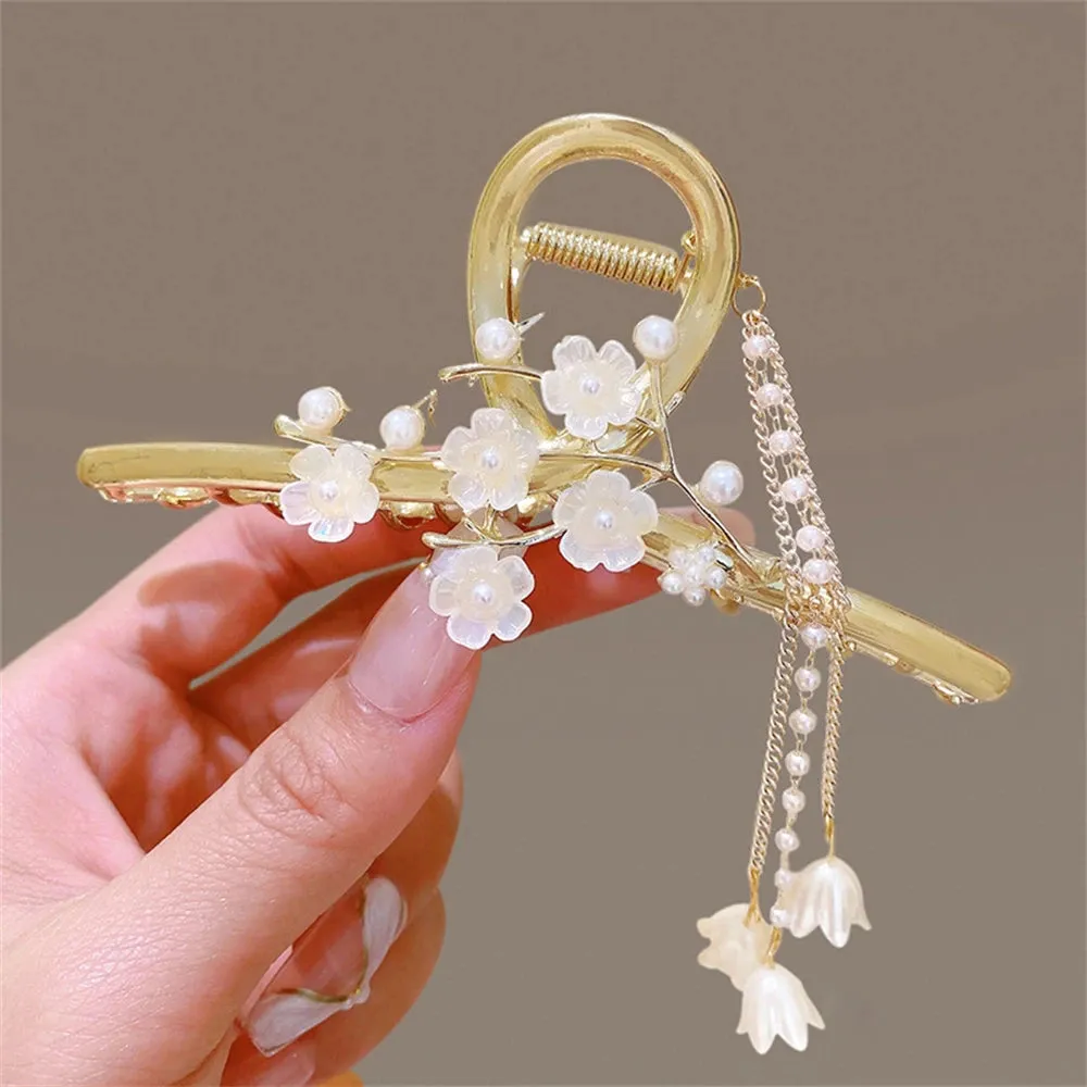 Pearl Orchid Tassel Hair Claw - Hanfu Headdress