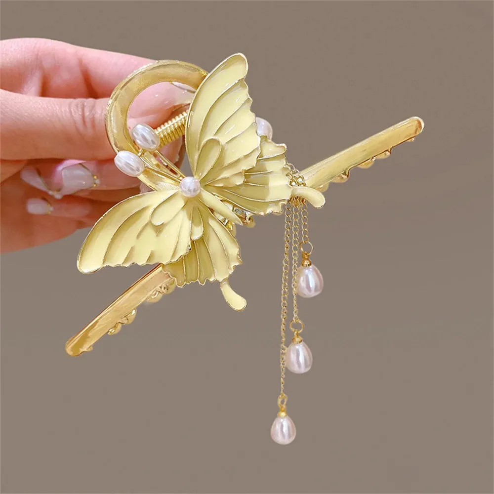Pearl Orchid Tassel Hair Claw - Hanfu Headdress