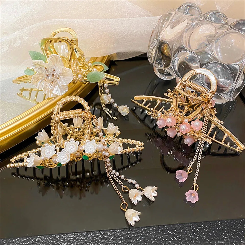 Pearl Orchid Tassel Hair Claw - Hanfu Headdress
