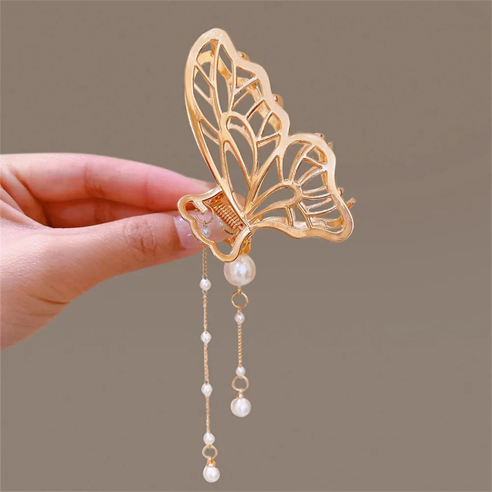 Pearl Orchid Tassel Hair Claw - Hanfu Headdress