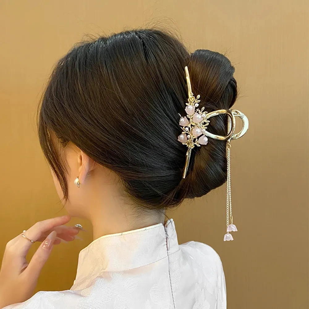 Pearl Orchid Tassel Hair Claw - Hanfu Headdress