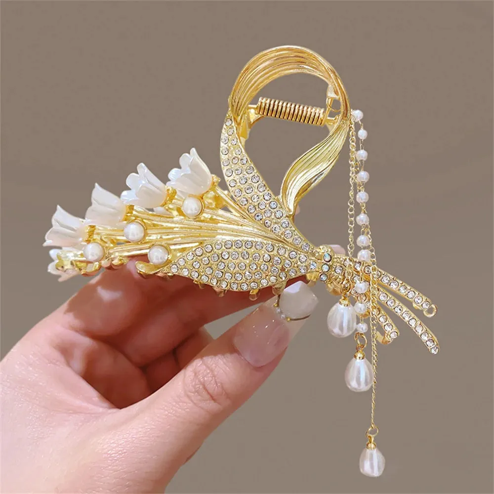 Pearl Orchid Tassel Hair Claw - Hanfu Headdress