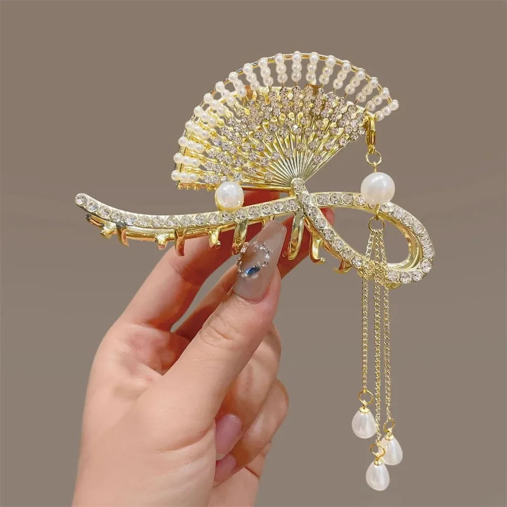 Pearl Orchid Tassel Hair Claw - Hanfu Headdress