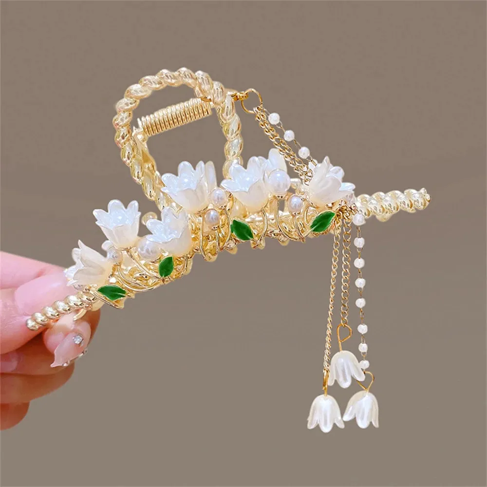 Pearl Orchid Tassel Hair Claw - Hanfu Headdress