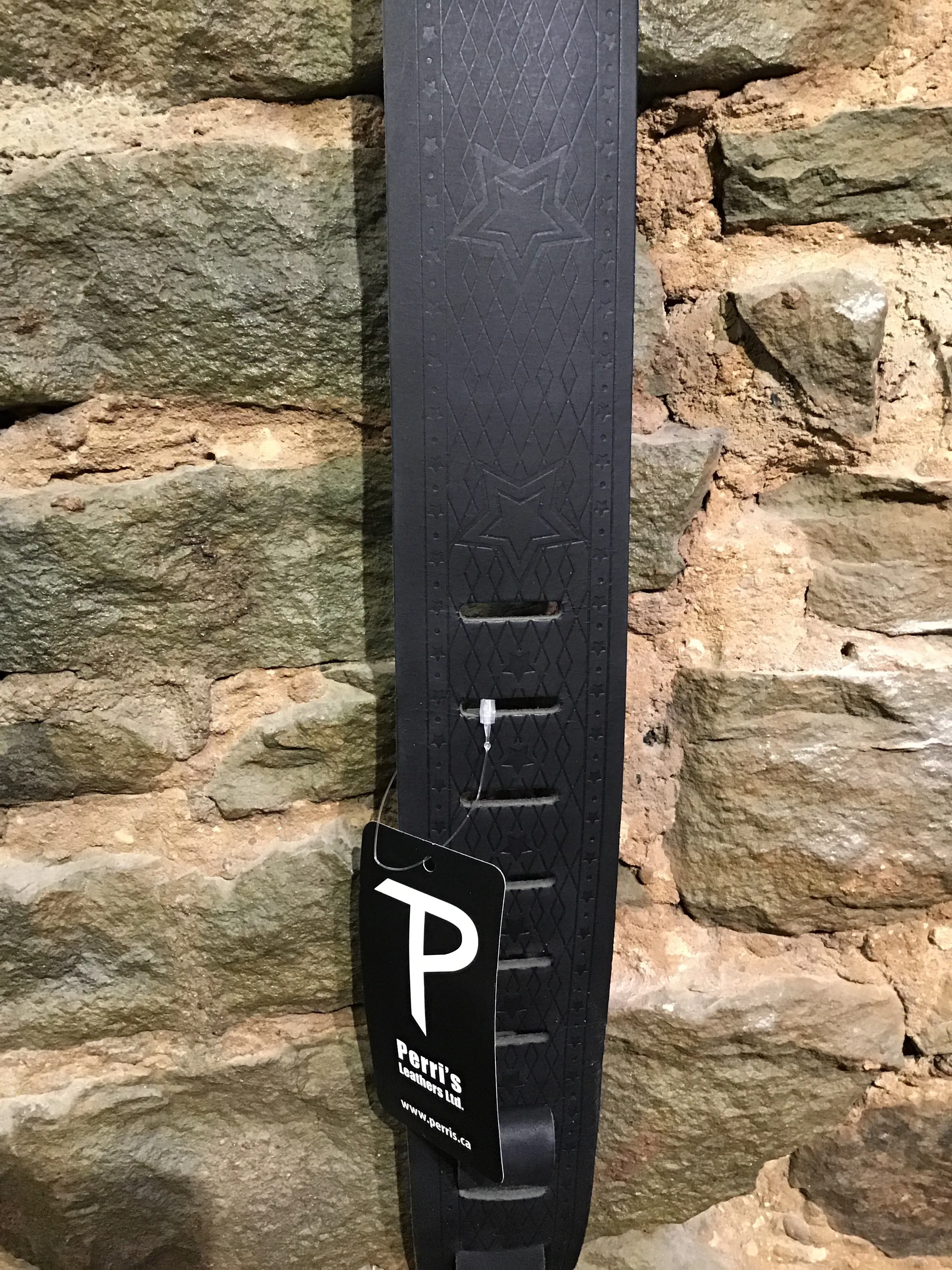 Perri’s Leathers 2.5” black leather guitar strap with full strap embossing