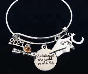 Personalized Class Jewelry Graduation Charm Bracelet She Believed She Could So She Did Silver Expandable Bangle Diploma Graduation Cap Adjustable Bangle Gift