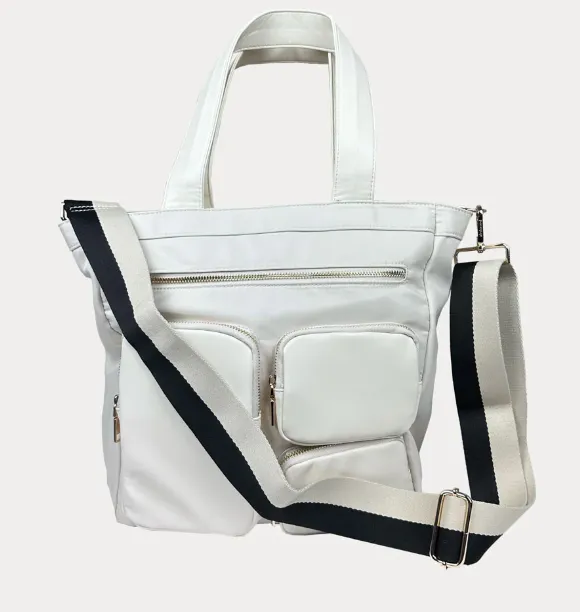Purse - Jessie Nylon & Vegan Leather Multi Pocket Tote  - Cream