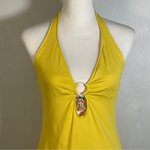 Ralph Lauren Yellow Halter Neck Ring Cutout Beads Sleeveless Dress M
