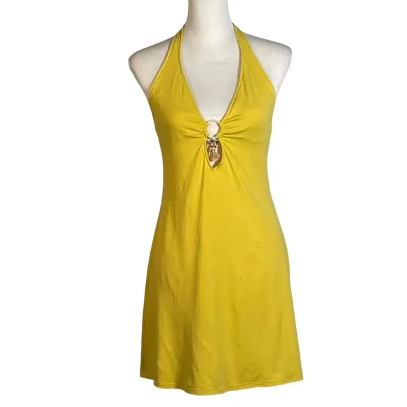 Ralph Lauren Yellow Halter Neck Ring Cutout Beads Sleeveless Dress M