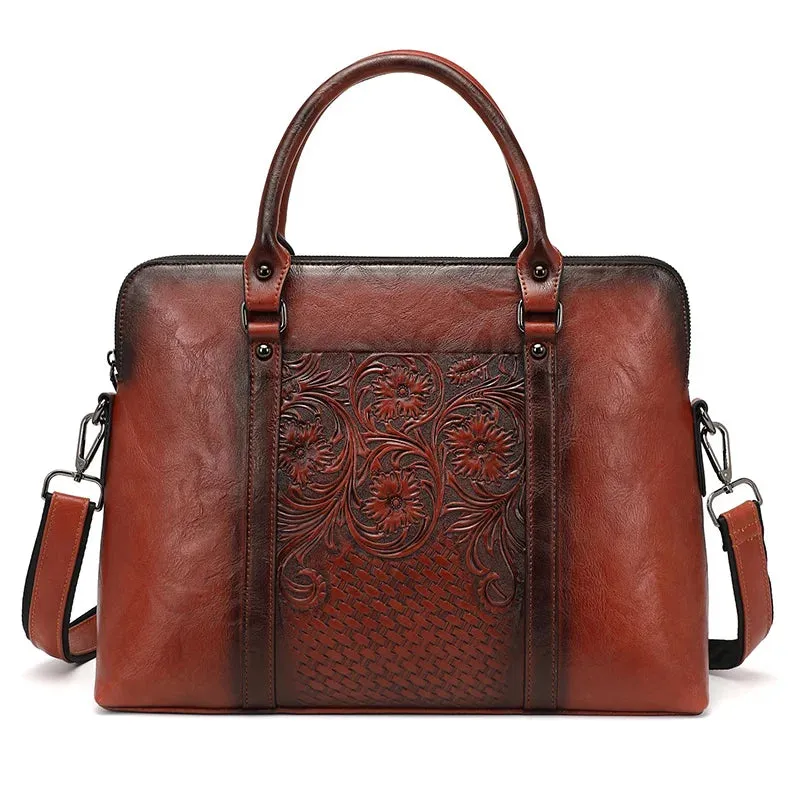 Roseville Women’s Embossed Leather Laptop Carrying Handbag - 14 inches