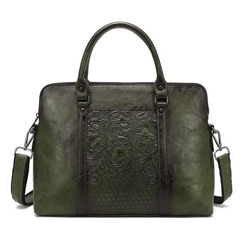 Roseville Women’s Embossed Leather Laptop Carrying Handbag - 14 inches