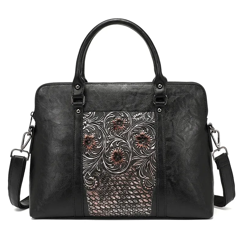 Roseville Women’s Embossed Leather Laptop Carrying Handbag - 14 inches