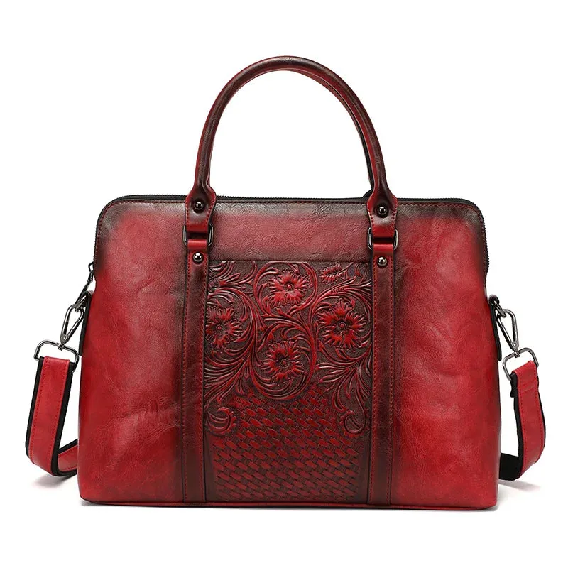 Roseville Women’s Embossed Leather Laptop Carrying Handbag - 14 inches