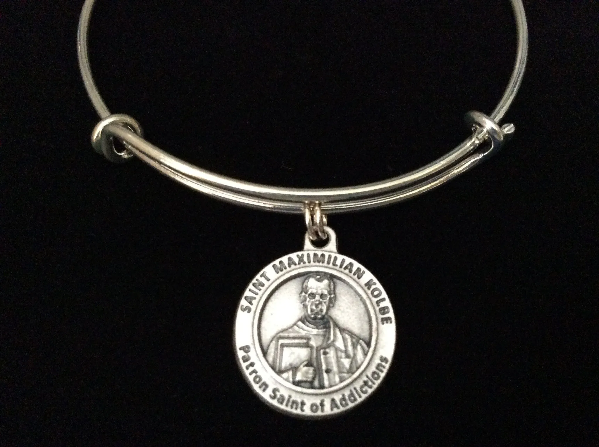 Saint Maximilian Medal Charm Silver Expandable Bracelet Inspirational Jewelry Adjustable Wire Bangle Trendy Stacking