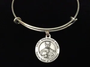 Saint Maximilian Medal Charm Silver Expandable Bracelet Inspirational Jewelry Adjustable Wire Bangle Trendy Stacking