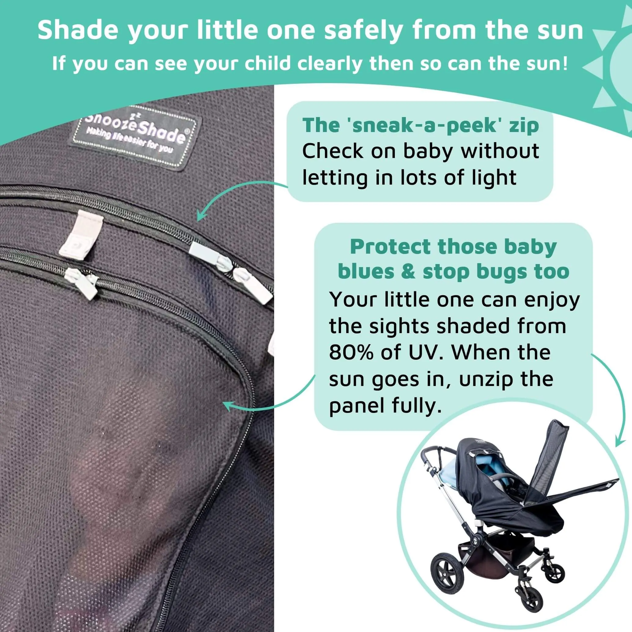 SAVE 10% | Toddler Sun and Sleep Bundle | SnoozeShade pushchair sun shade and travel cot blackout cover