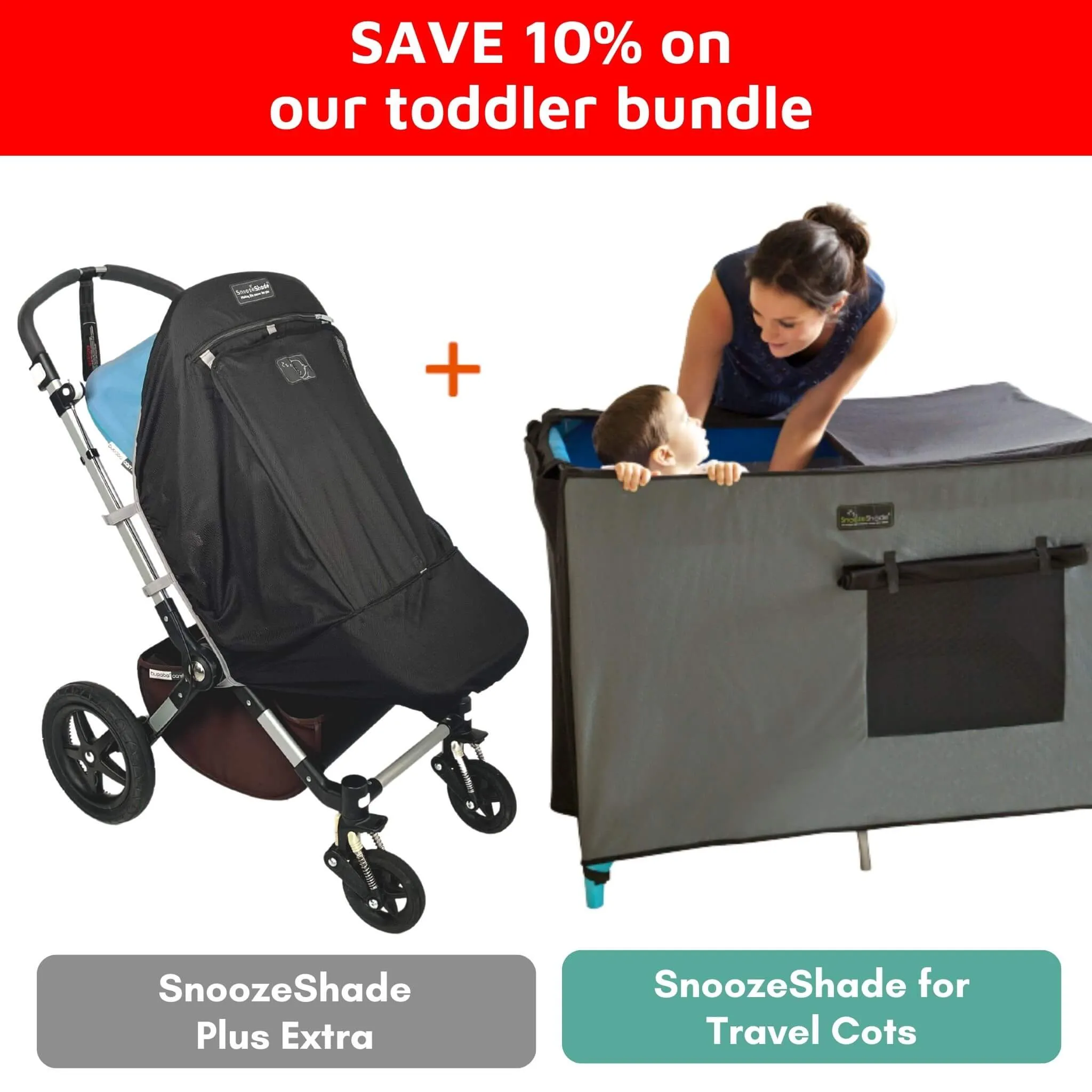SAVE 10% | Toddler Sun and Sleep Bundle | SnoozeShade pushchair sun shade and travel cot blackout cover