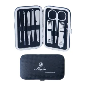 Silver Stainless Steel & Black Mens Manicure Pedicure Kit - 8 piece Grooming Kit with travel Case