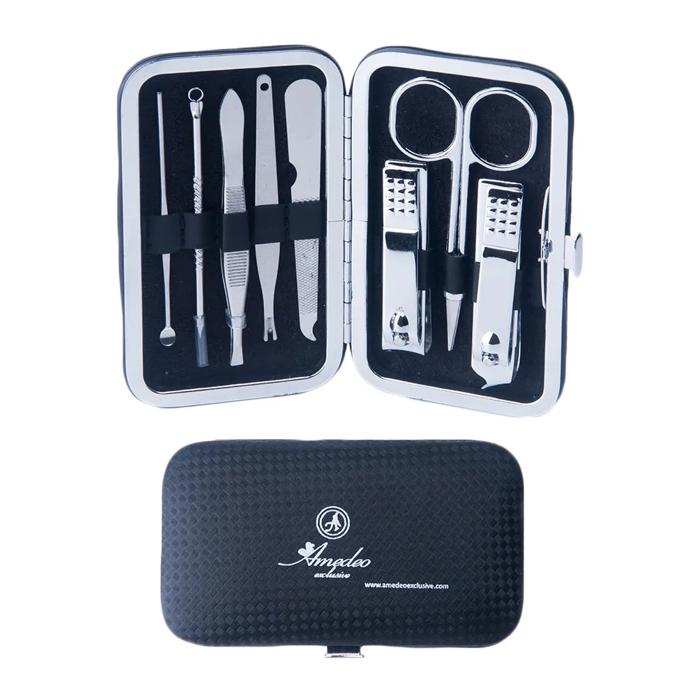 Silver Stainless Steel & Black Mens Manicure Pedicure Kit - 8 piece Grooming Kit with travel Case