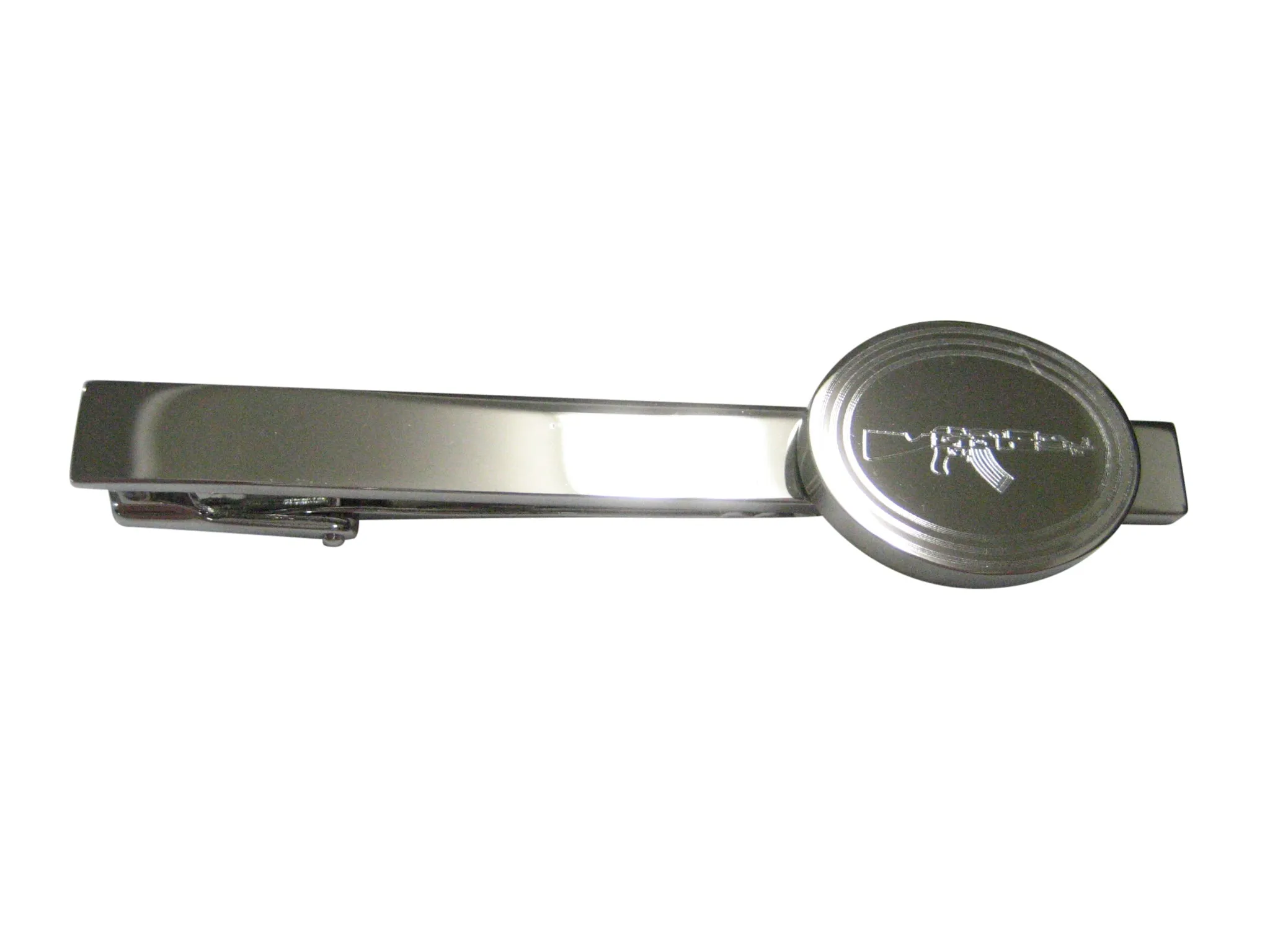 Silver Toned Etched Oval AK47 Rifle V4 Tie Clip