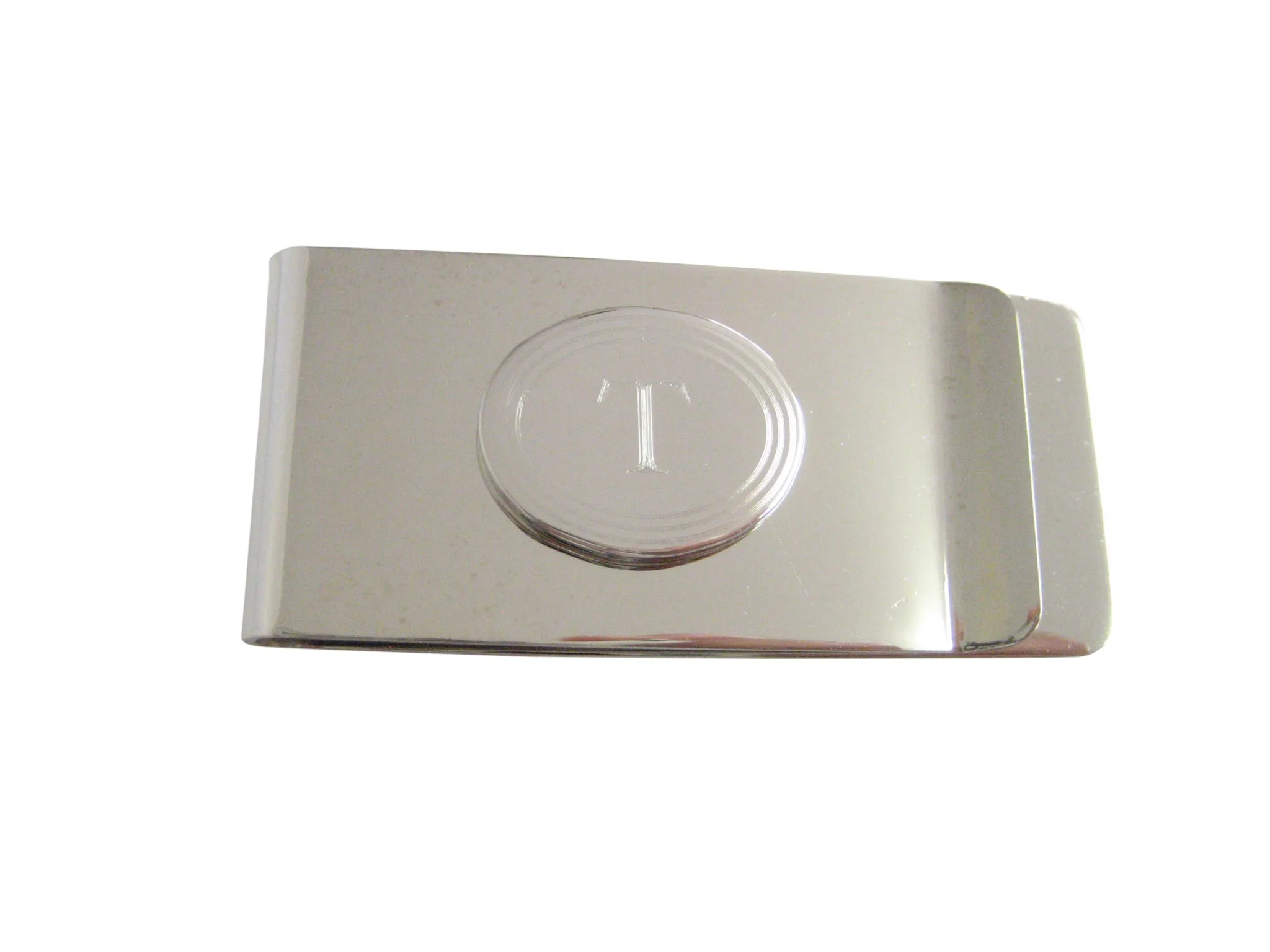 Silver Toned Etched Oval Letter T Monogram Money Clip