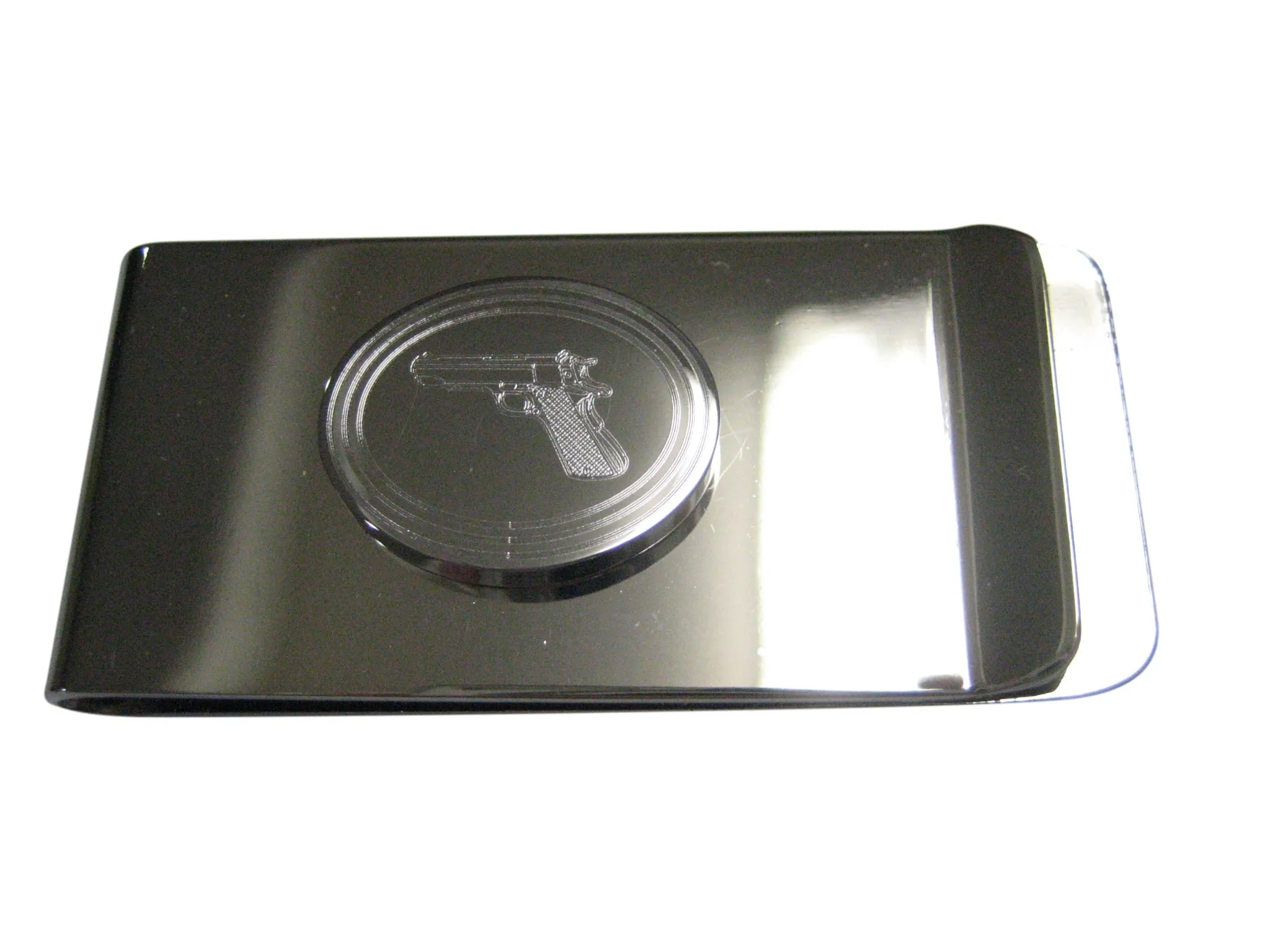 Silver Toned Etched Oval Modern Handgun Money Clip