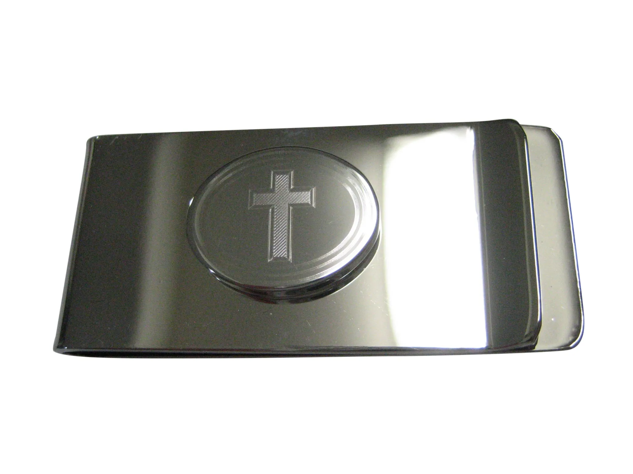 Silver Toned Etched Oval Religious Cross Money Clip