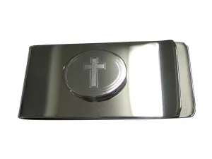 Silver Toned Etched Oval Religious Cross Money Clip