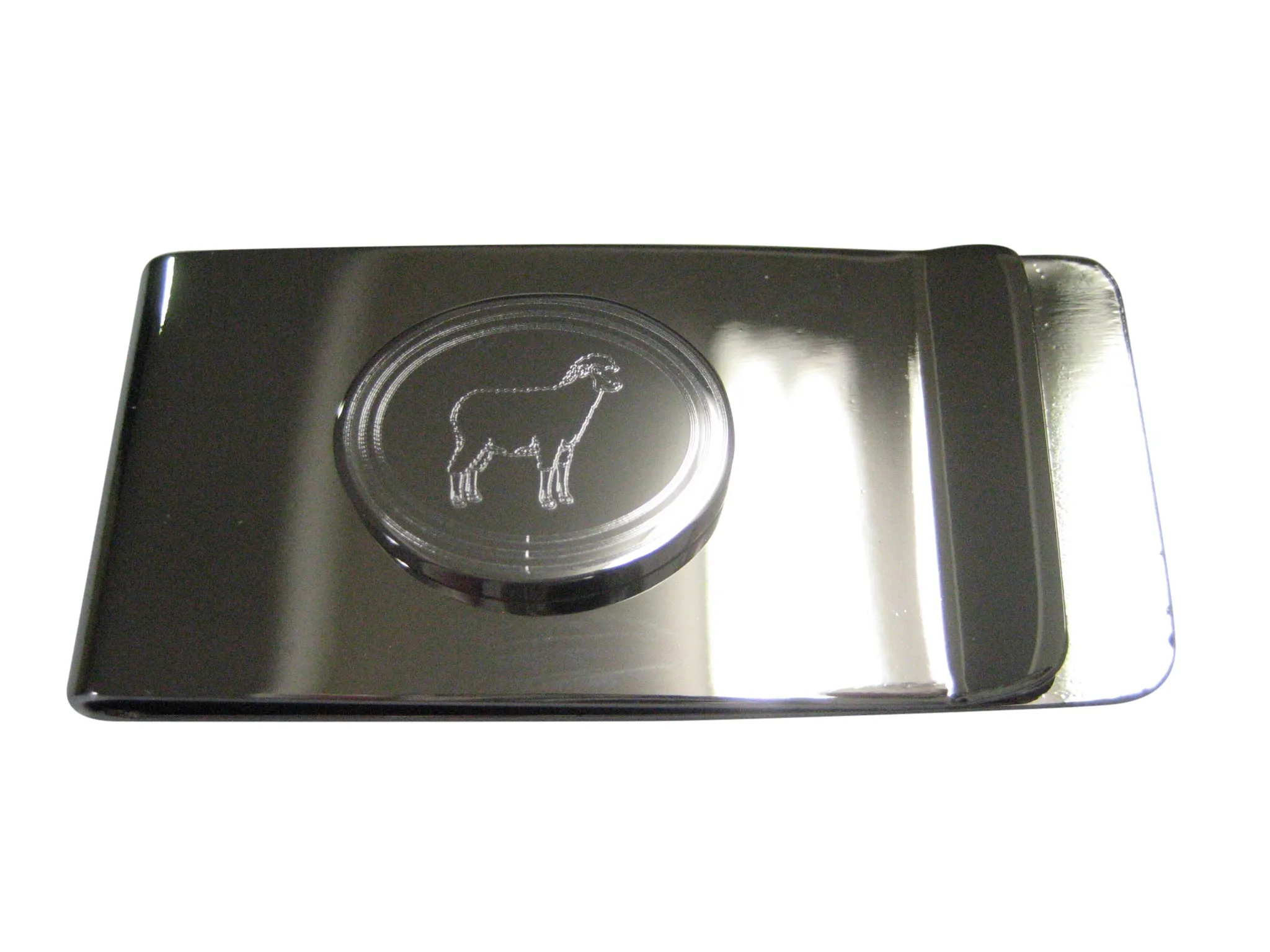 Silver Toned Etched Oval Sheep Money Clip