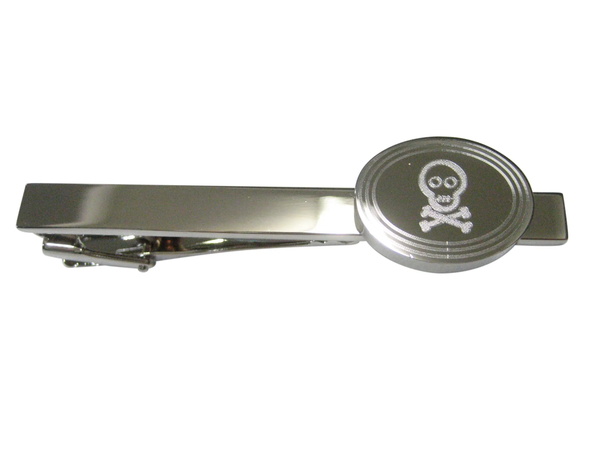 Silver Toned Etched Oval Shy Skull with Crossbones Tie Clip