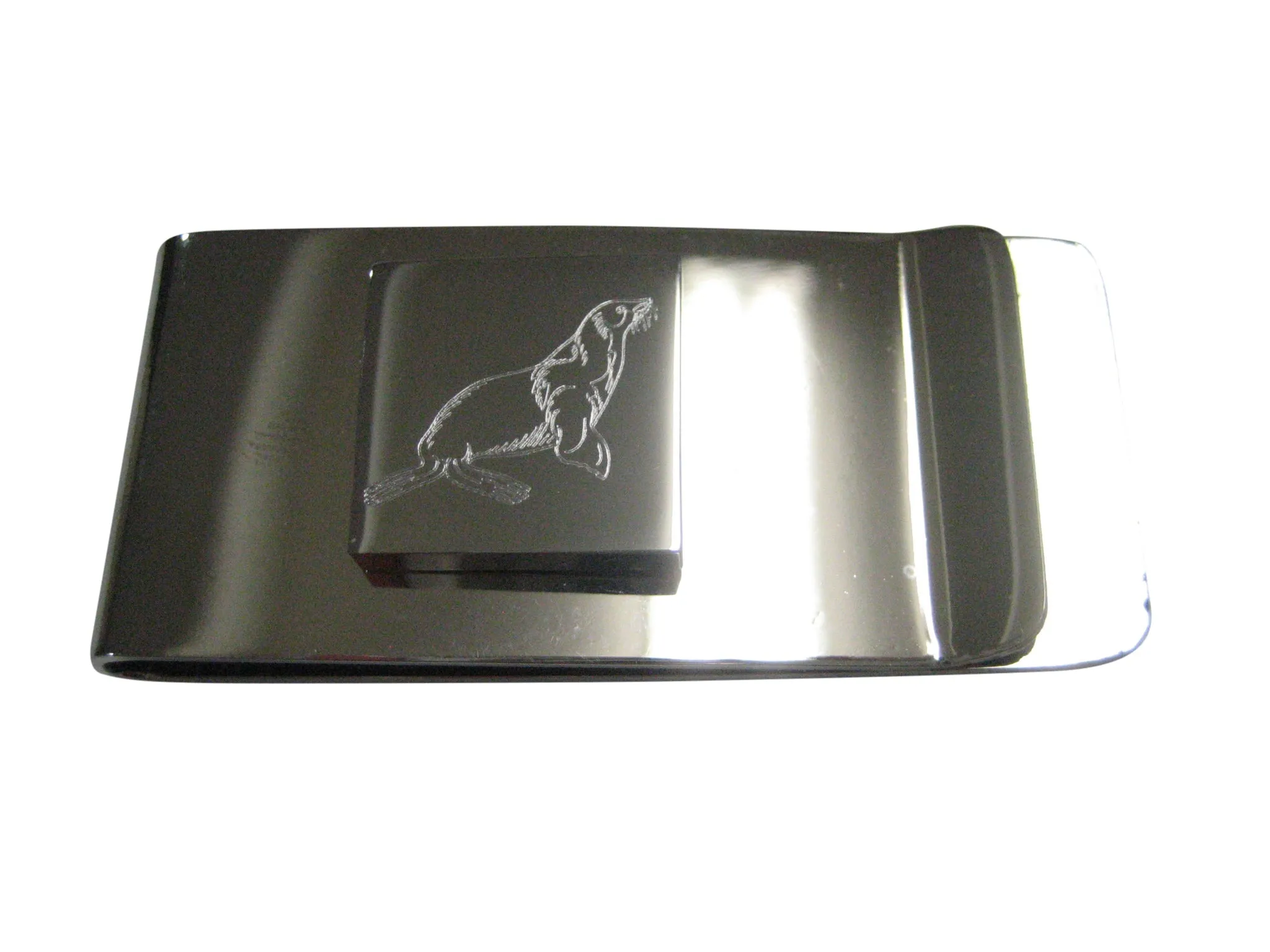 Silver Toned Square Etched Sea Lion Money Clip