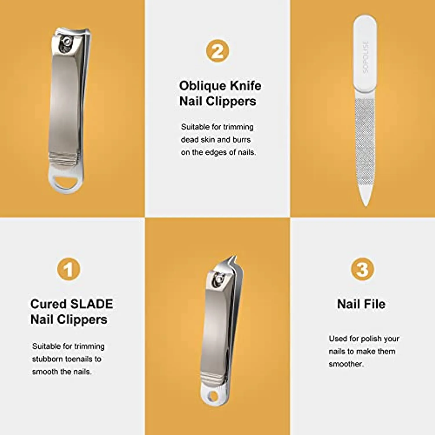 SOPOLISE Nail Clipper Set – Premium Carbon Steel Sharp Fingernails Clippers and Toenails Clippers with Nail File and Leather Case for Women and Men（3 PCS）