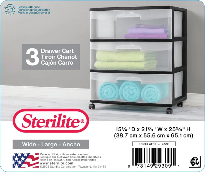 Sterilite Wide 3 Drawer Cart Black