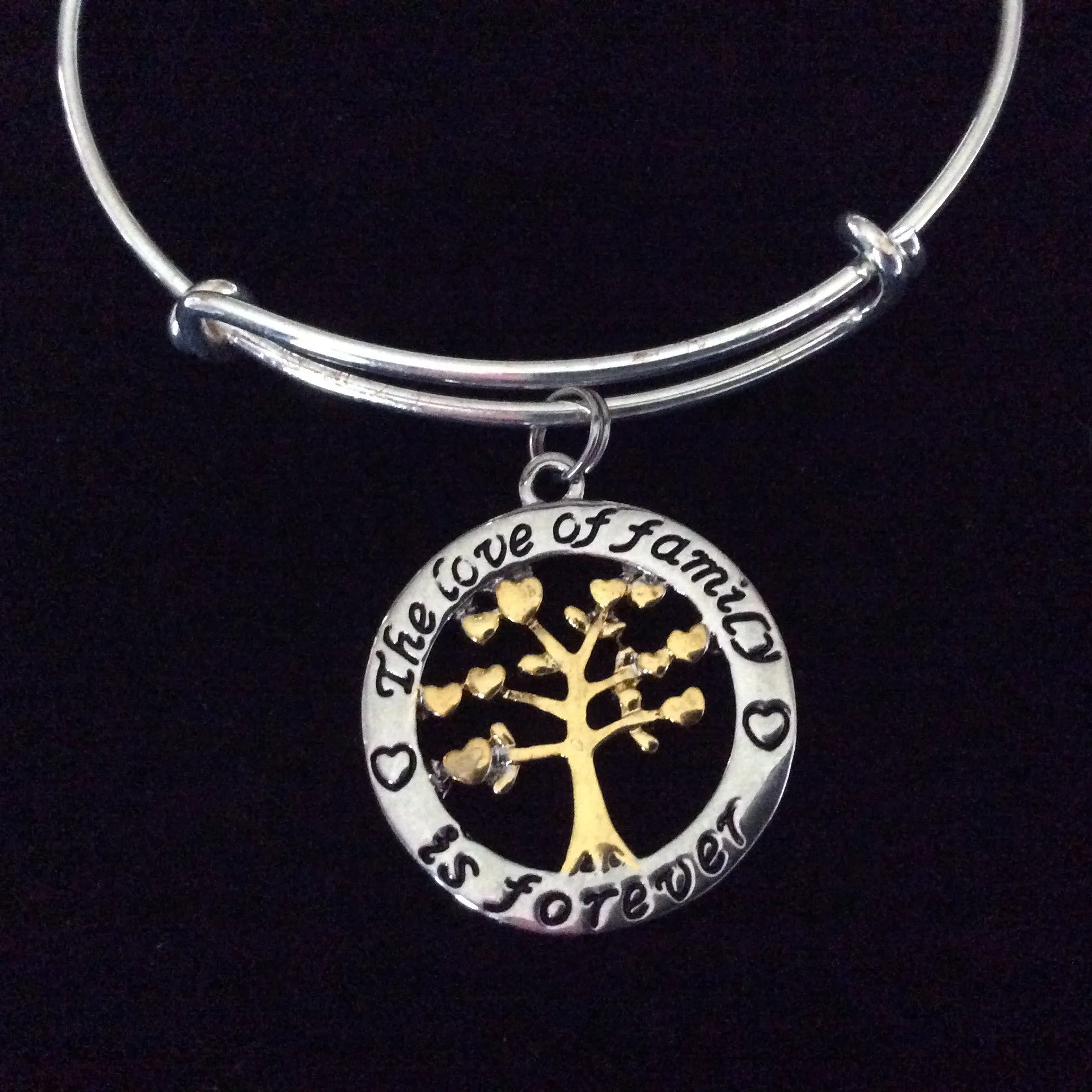 The Love of Family is Forever Silver and Gold Charm Bracelet Tree of Life Adjustable Expandable Silver Plated Bangle Charm Trendy