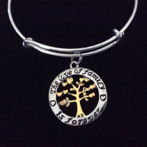 The Love of Family is Forever Silver and Gold Charm Bracelet Tree of Life Adjustable Expandable Silver Plated Bangle Charm Trendy
