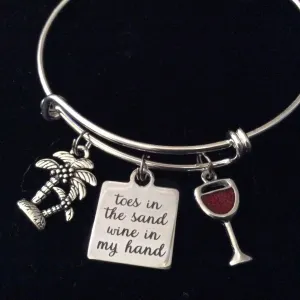 Toes in the Sand Wine in my Hand Expandable Silver Charm Bracelet Ocean Nautical Adjustable Wire Bangle Gift