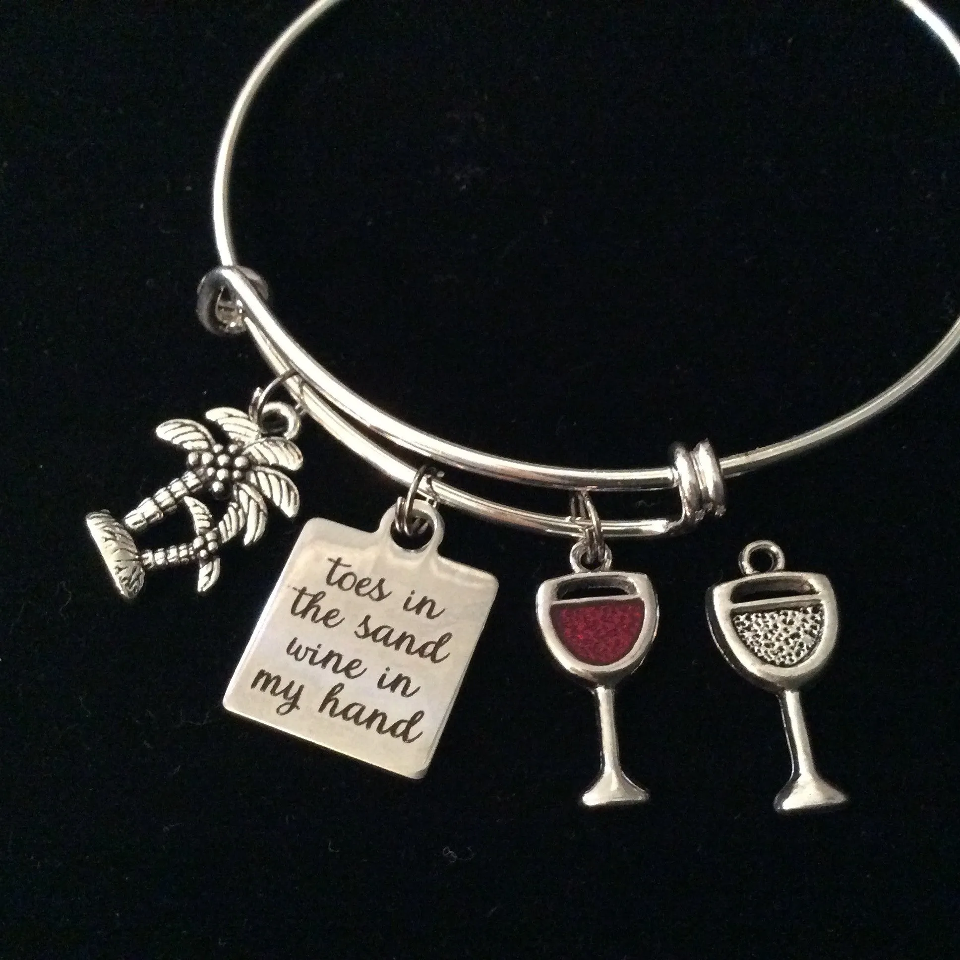 Toes in the Sand Wine in my Hand Expandable Silver Charm Bracelet Ocean Nautical Adjustable Wire Bangle Gift