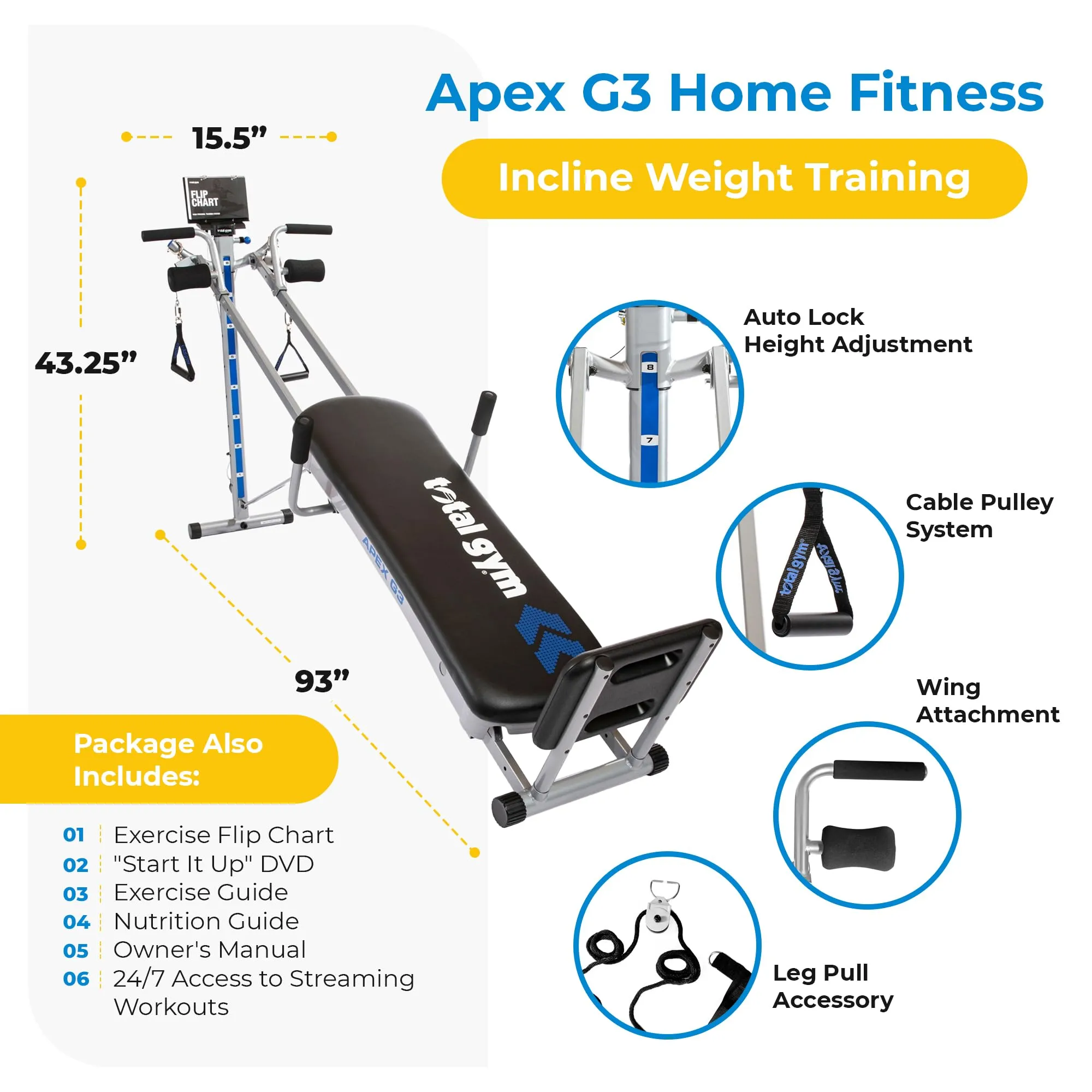 Total Gym APEX G3 Home Gym with Compact Design, Full Body Workout System for Home Fitness with 8 Levels of Resistance and Attachments, Black
