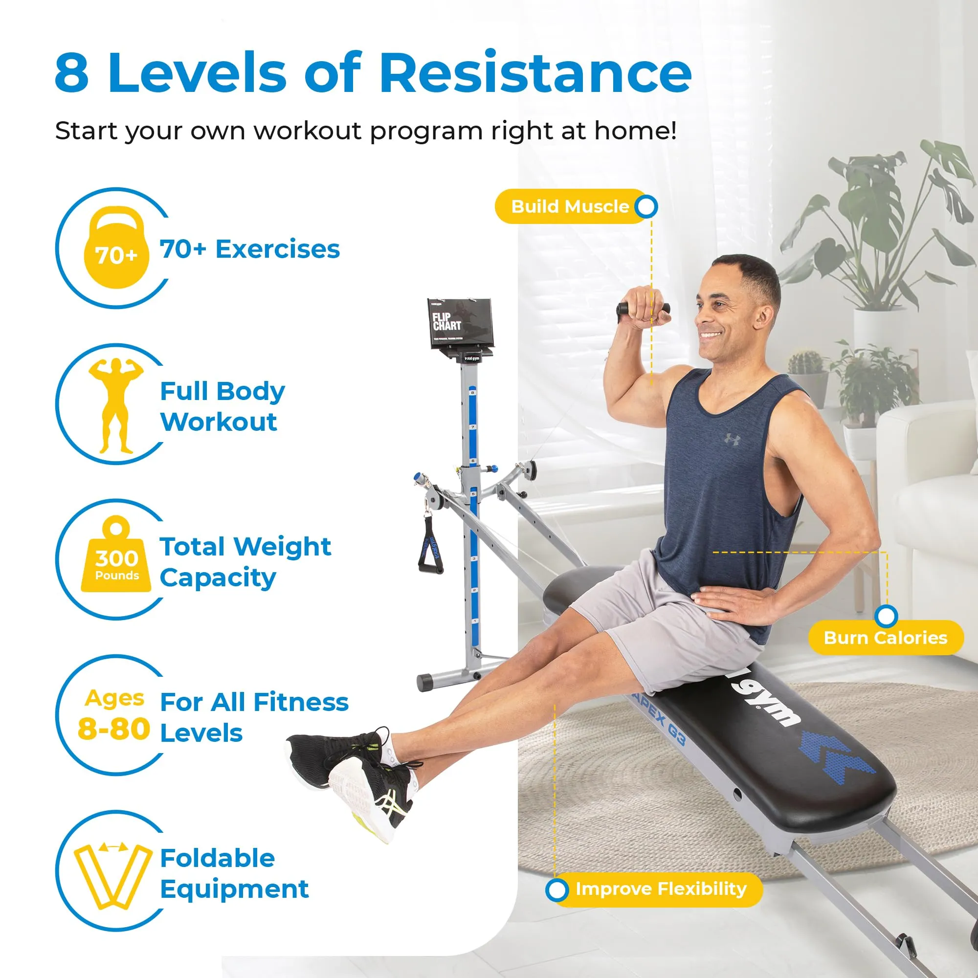 Total Gym APEX G3 Home Gym with Compact Design, Full Body Workout System for Home Fitness with 8 Levels of Resistance and Attachments, Black