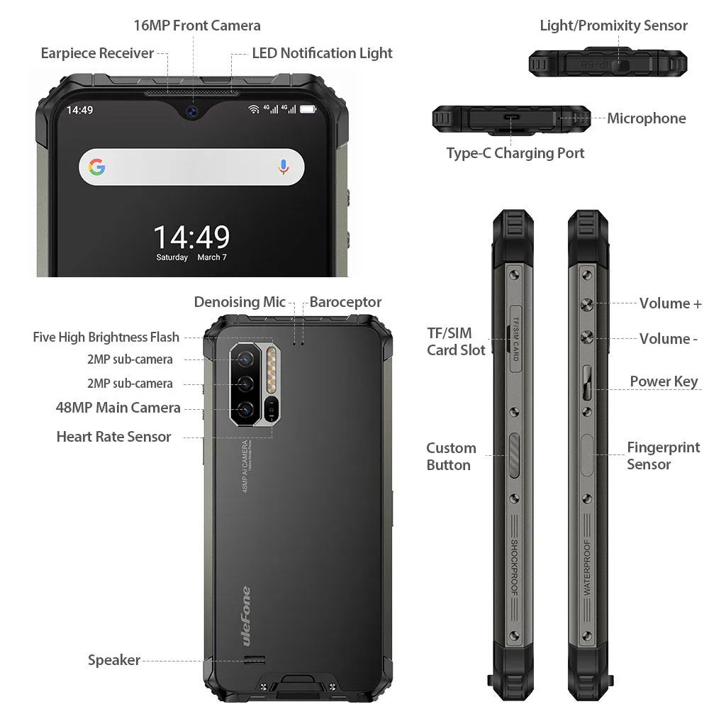 Ulefone Armor 7E Mobile Phone IP68 Rugged Smartphone 4GB 128GB Waterproof Android 9.0 NFC AI Camera Wireless Phone black_Non-European version